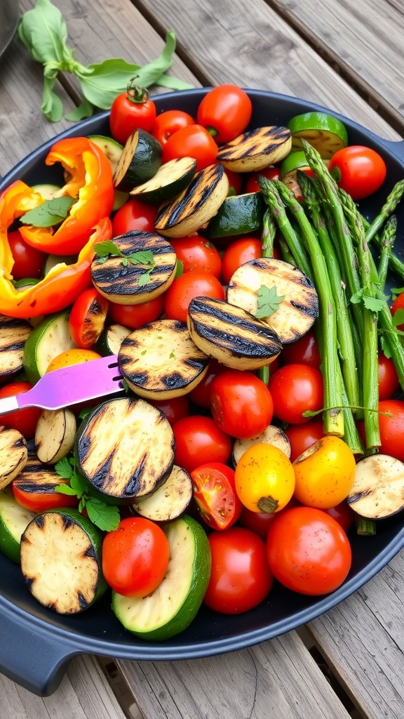 Grilled mixed vegetables including bell peppers, zucchini, asparagus, and cherry tomatoes on a rustic wooden table.